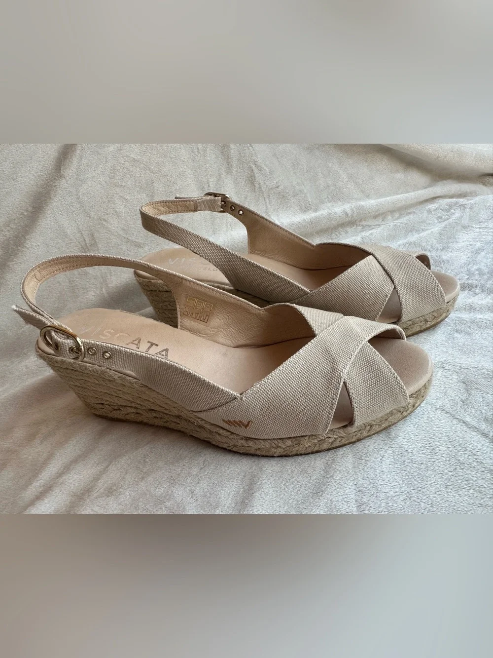 VISCATA Beige Canvas Espadrille Slingback Wedge Sandals